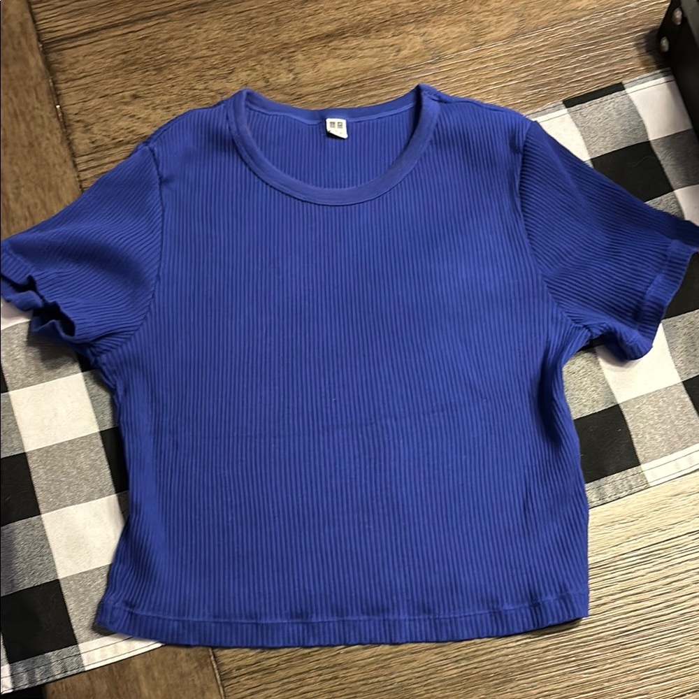 Uniqlo Ribbed Short-Sleeve Crop Top - Royal Blue